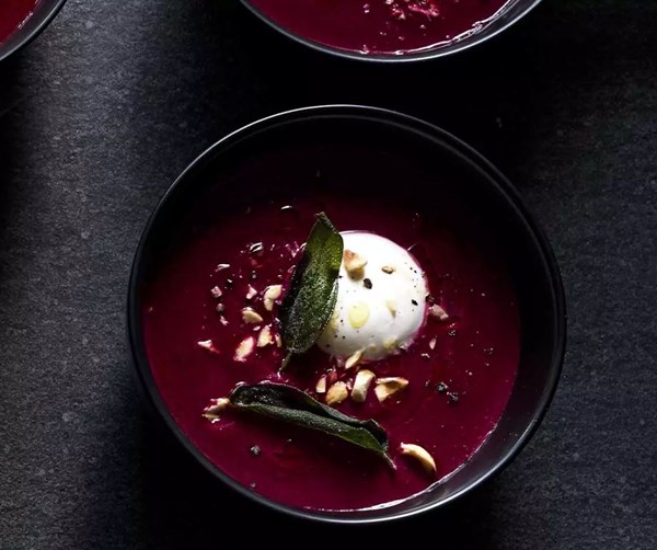 Roast beetroot, sweet potato & black garlic soup