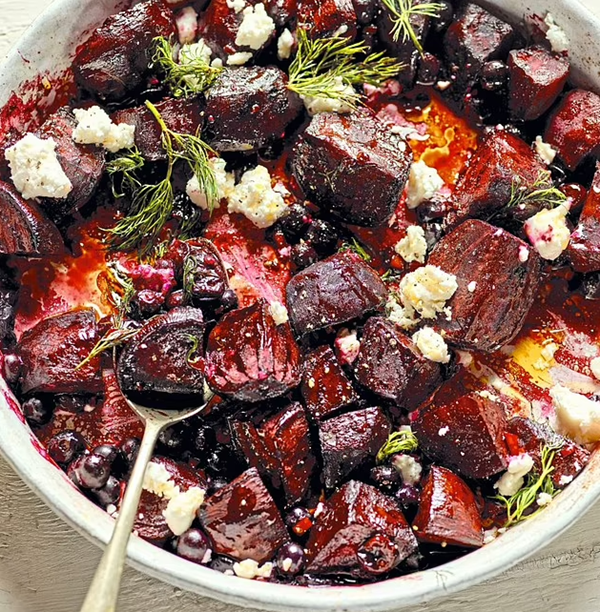 Roast beetroot with blackcurrants, feta and chilli