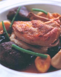 Roast breast of Goosnargh chicken with cumin sauce and spiced chicken livers