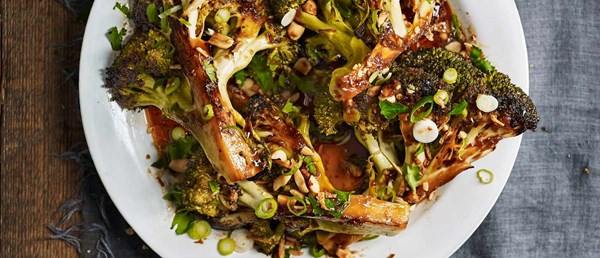 Roast broccoli wedges with kecap manis and peanuts