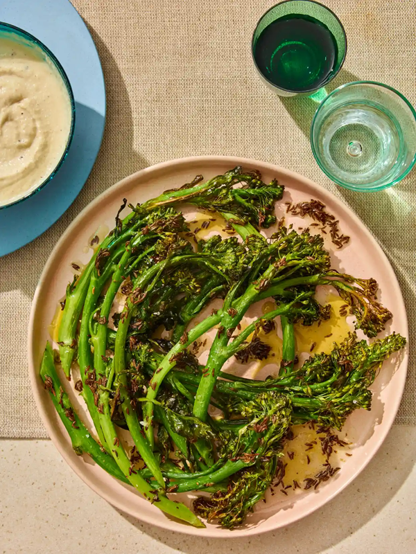 Roast broccolini with an almond tarator dip
