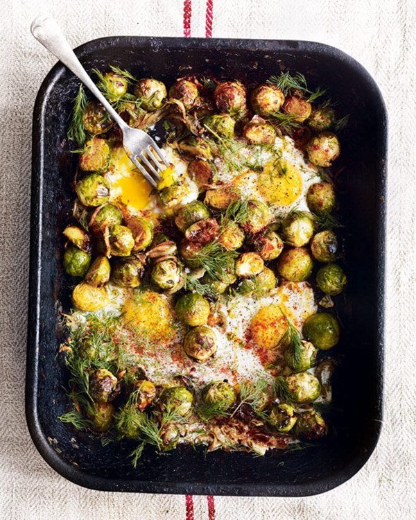 Roast Brussels sprouts and caramelised onions, smoked paprika, dill and baked eggs 