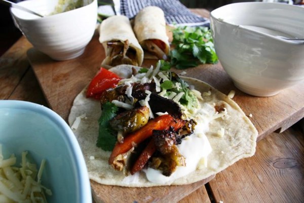 Roast brussels sprouts fajitas with homemade oat-flour tortillas