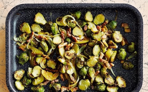 Roast Brussels sprouts with apples and bacon