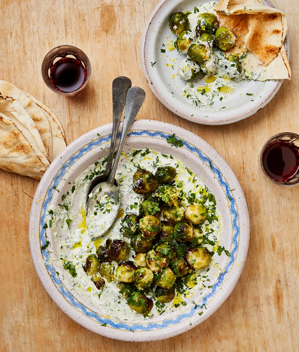 Roast Brussels sprouts with lemon yoghurt