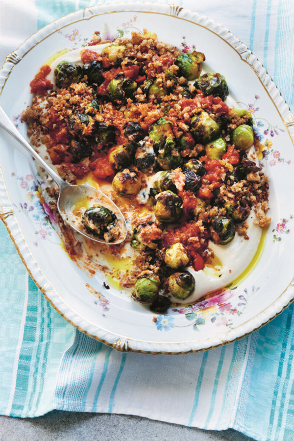 Roast Brussels sprouts with whipped tahini, spicy tomato chutney & crouton crumbs