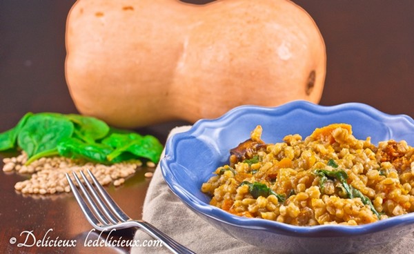 Roast butternut pumpkin, spinach & barley risotto