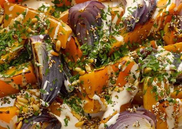 Roast butternut squash and red onion with tahini and za'atar