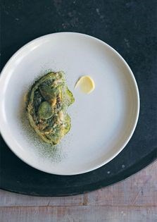 Roast cabbage, mussel butter, pomelo and bone marrow