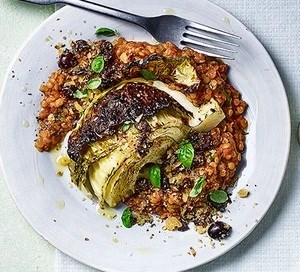 Roast cabbage wedges with tomato lentils