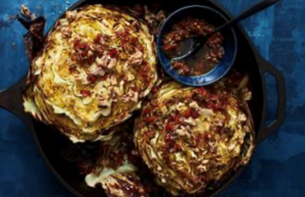 Roast cabbage with rose petal muhammara