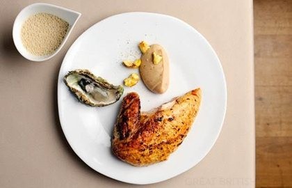 Roast capon with hay, chestnut pulp, Guinness and oyster sauce