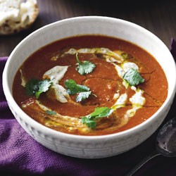 Roast capsicum, tomato and split pea soup with harissa yoghurt