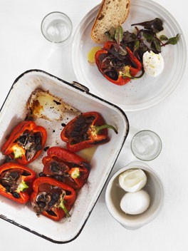 Roast capsicum with tomato, garlic and olives