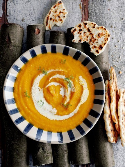 Roast carrot & fennel soup with flatbreads