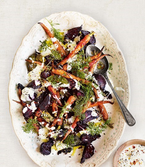 Roast carrot, beetroot and marjoram salad with honey, fennel seed and yogurt dressing