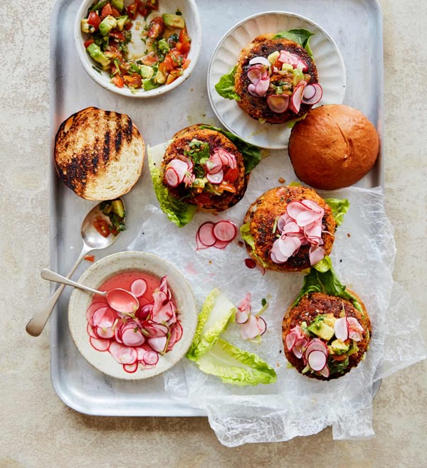 Roast carrot burger with avocado salsa