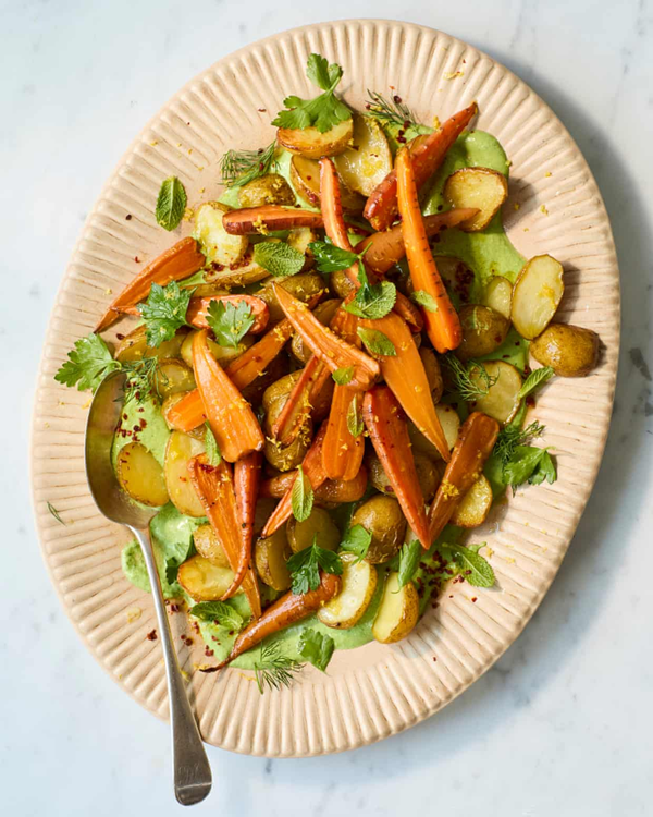 Roast carrots and new potatoes on whipped feta