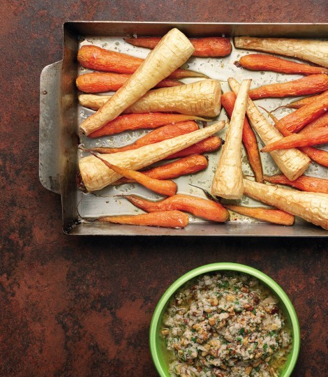 Roast carrots and parsnips with walnut sauce