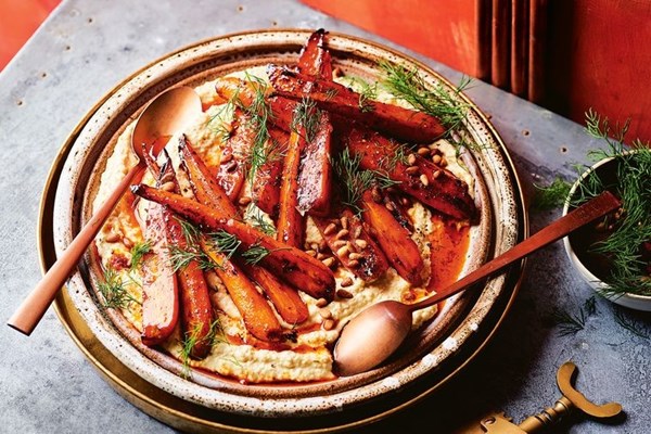 Roast carrots, dill, maple, harissa and hummus