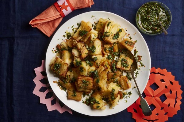 Roast cassava with roast garlic and coriander salsa