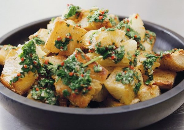 Roast cassava with roast garlic and coriander salsa