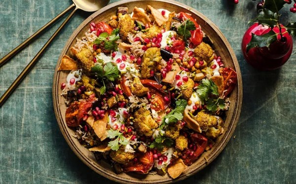 Roast cauliflower and aubergine fatteh with pistachios and pomegranate