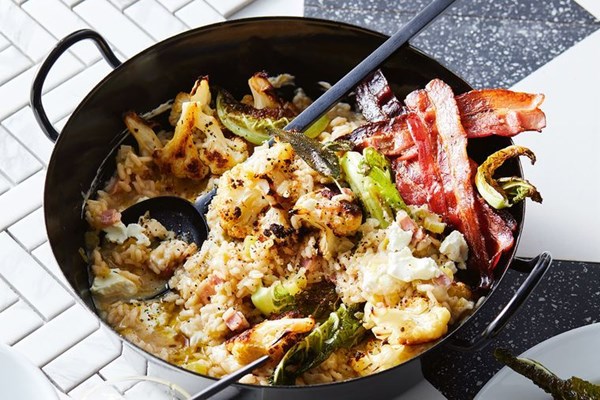 Roast cauliflower and bacon risotto with goat's cheese