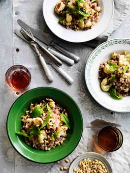 Roast cauliflower and farro salad with agrodolce dressing
