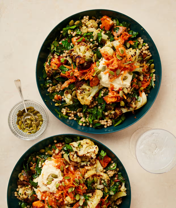 Roast cauliflower and kimchi couscous bowl