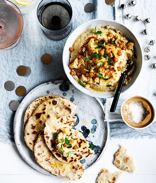 Roast cauliflower hummus with fried chickpeas and flatbread