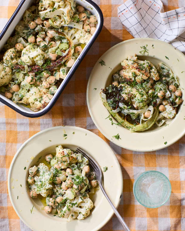 Roast cauliflower, leek and chickpea salad