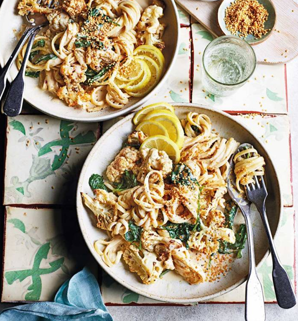 Roast cauliflower pasta with creamy tahini sauce