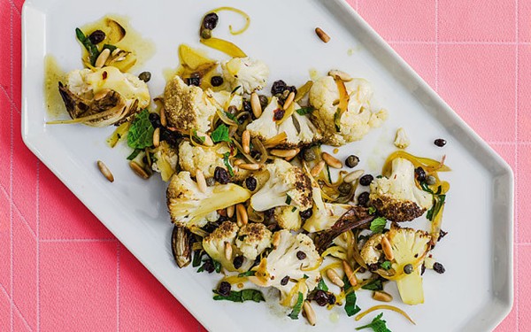 Roast cauliflower recipe with currants, capers and nuts