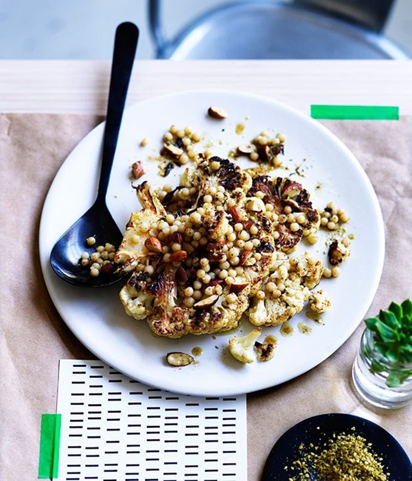 Roast cauliflower with almonds, Israeli couscous and za'atar