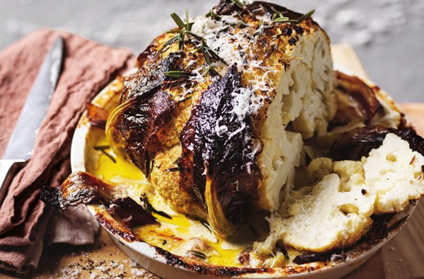Roast cauliflower with bacon and Parmesan cream