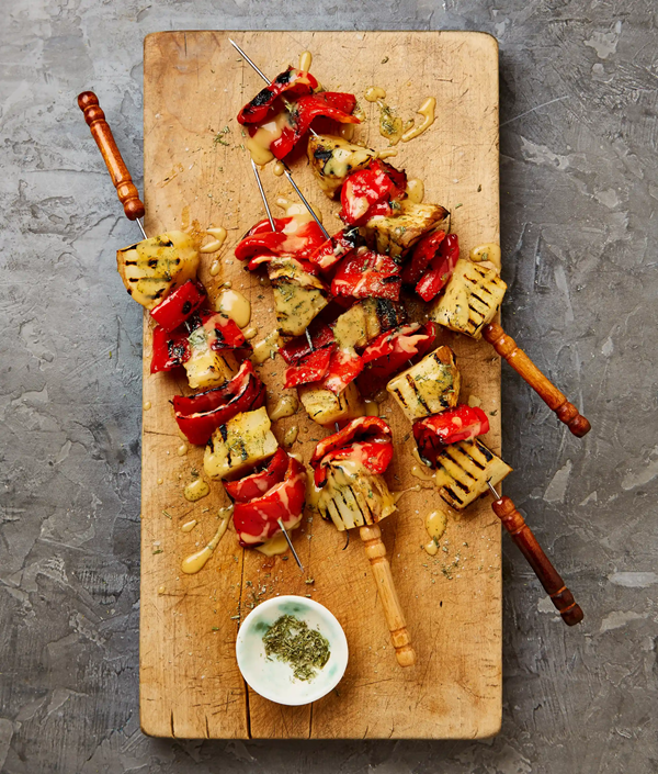 Roast celeriac and pepper skewers with apple glaze