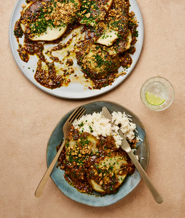 Roast celeriac with chive chilli oil