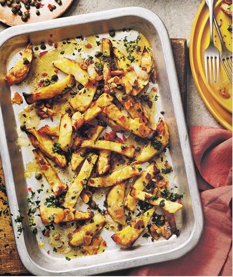 Roast celeriac with garlic & almond brown butter and capers
