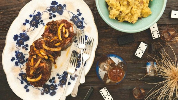 Roast chermoula kingfish with onion and lemon confit and spiced kumara