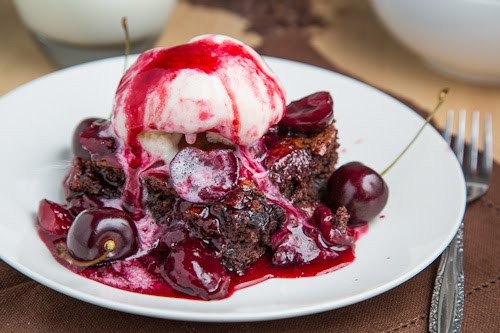 Roast cherry dark chocolate brownie sundaes