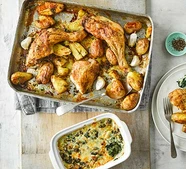 Roast chicken & baby roasties with cheesy creamed spinach
