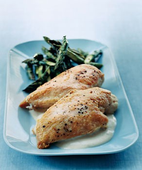 Roast chicken and asparagus with tahini sauce