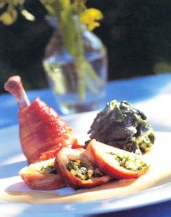 Roast chicken and bacon flavoured with tarragon, garlic and lemon
