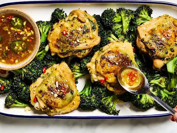 Roast chicken and broccoli with nước chấm vinaigrette
