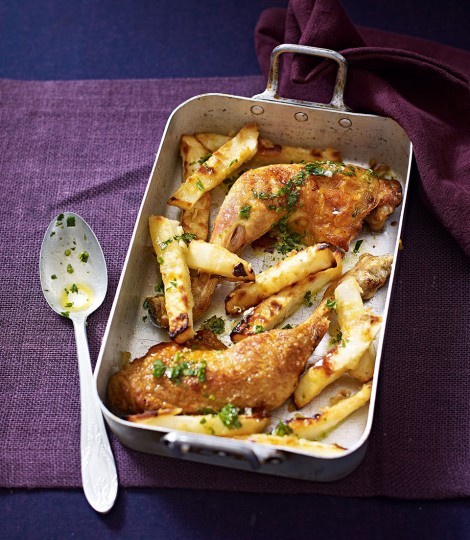 Roast chicken and celeriac chips with tarragon dressing