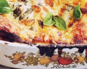 Roast chicken and grilled eggplant lasagna