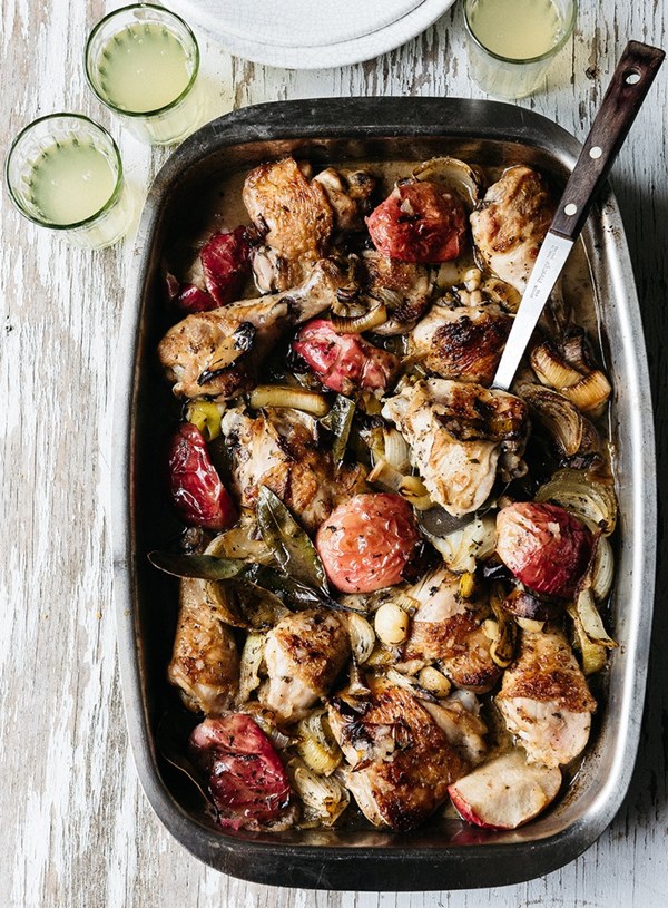 Roast chicken, apples, tarragon and crème fraîche