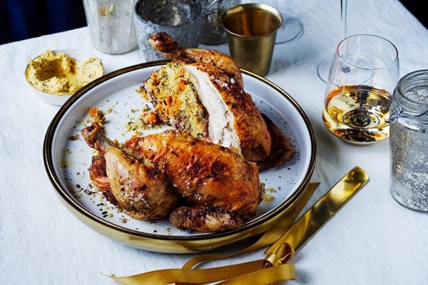 Roast chicken, apricot couscous, eggplant butter