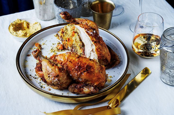 Roast chicken, apricot couscous, eggplant butter